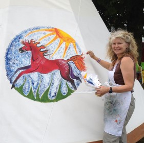 Completing my Spirit Horse on the Pontiac Artists' Association Teepee at Shawville Fair.